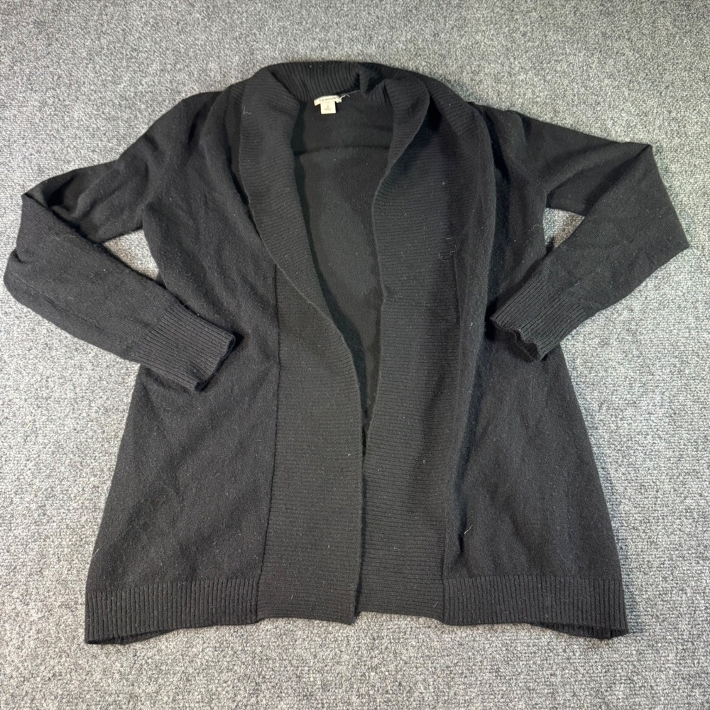 LL Bean Womens Black 100% Cashmere Open Front Shawl Cardigan Sweater Small